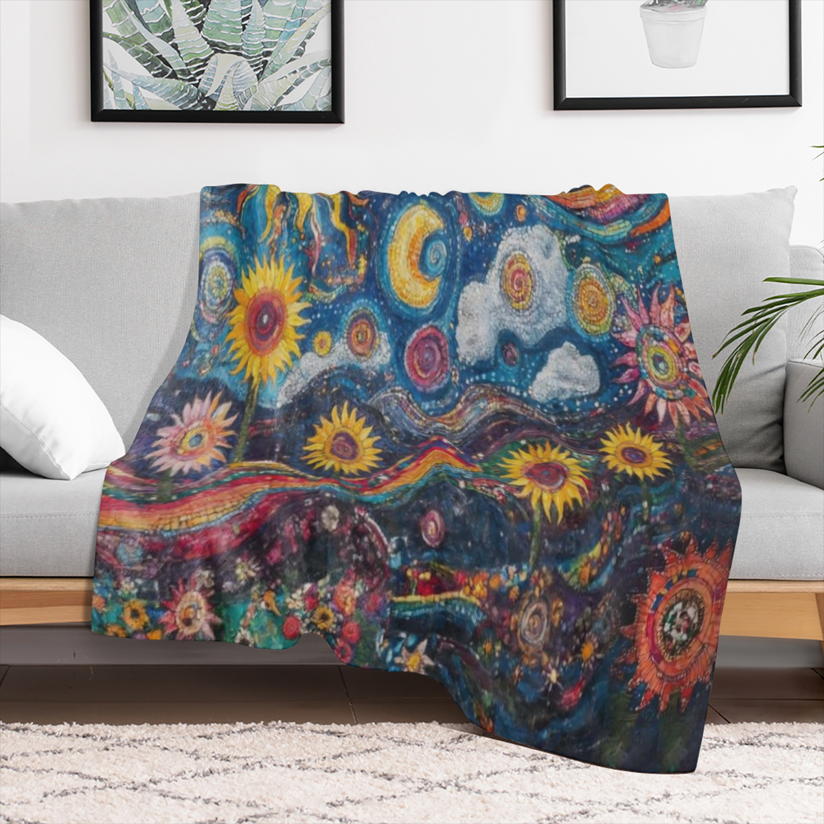 1 Vintage Sun and Moon print flannel blanket, soft and comfortable all season knitted polyester blanket, suitable for sofa, bed, office, camping, travel - digital printing, 250- 300gm2, gift blanket