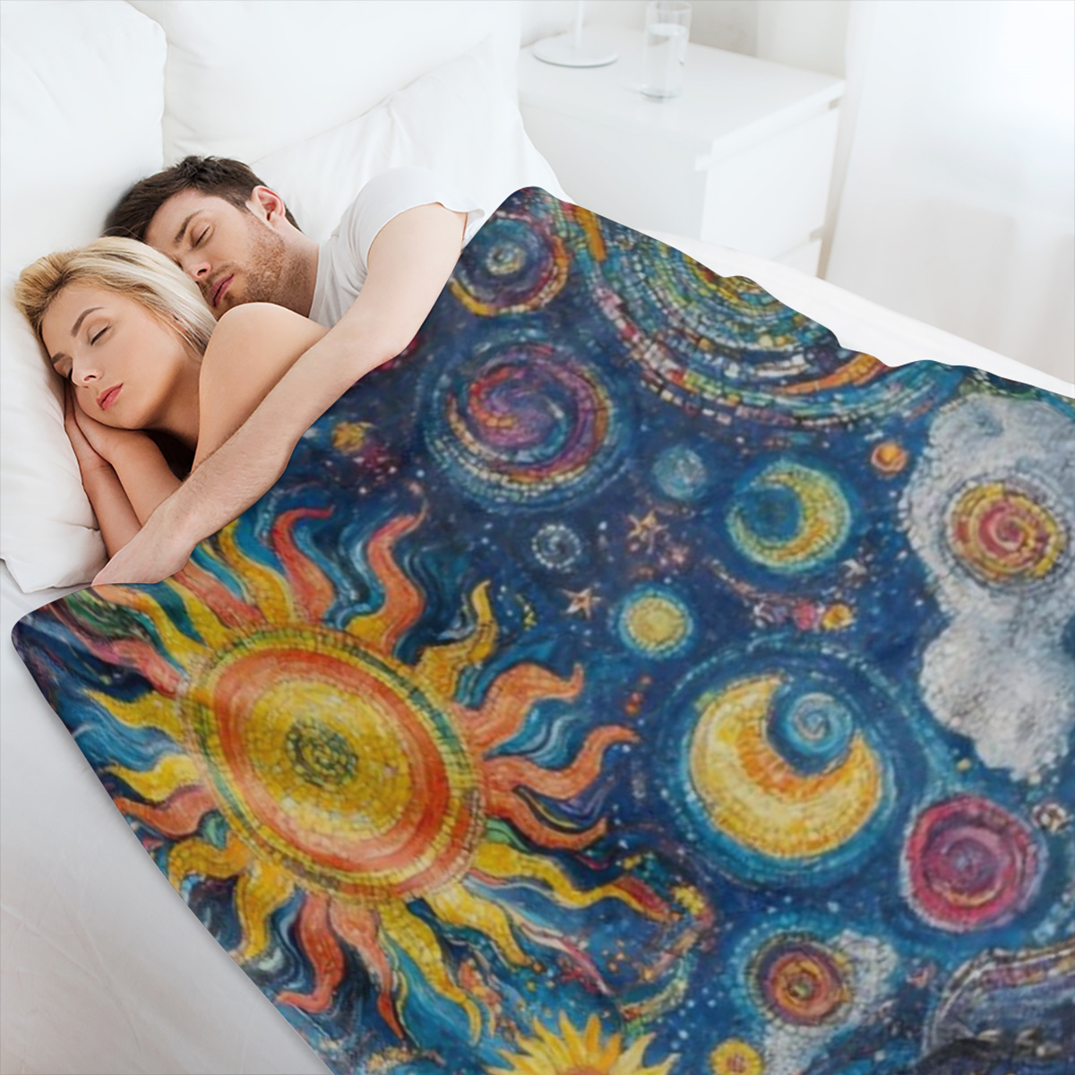 1 Vintage Sun and Moon print flannel blanket, soft and comfortable all season knitted polyester blanket, suitable for sofa, bed, office, camping, travel - digital printing, 250- 300gm2, gift blanket