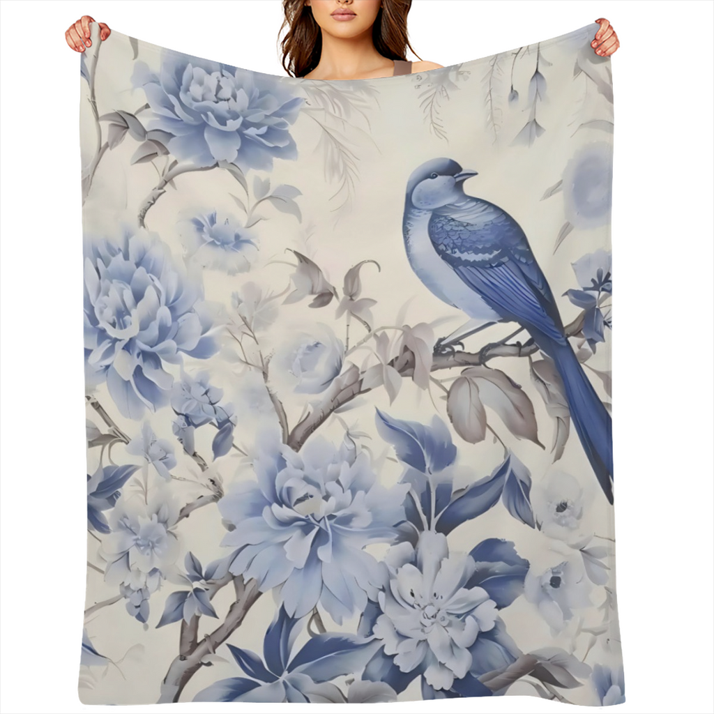 Chinoiserie Blue Floral Pattern Throw Blanket - Soft Plush Flannel Throw Blankets for BedCouchSofaOfficeCamping Blanket