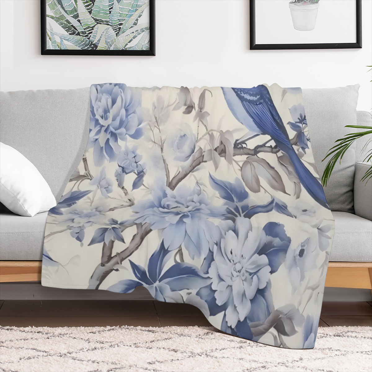 Chinoiserie Blue Floral Pattern Throw Blanket - Soft Plush Flannel Throw Blankets for BedCouchSofaOfficeCamping Blanket
