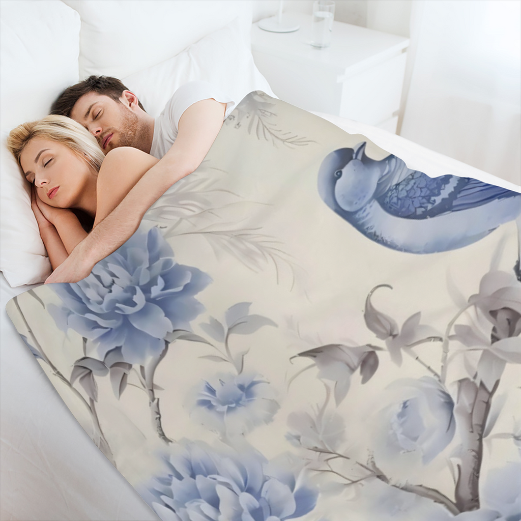 Chinoiserie Blue Floral Pattern Throw Blanket - Soft Plush Flannel Throw Blankets for BedCouchSofaOfficeCamping Blanket