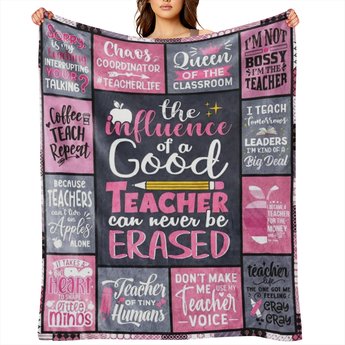 60"x50" Soft Flannel Teacher Appreciation Blanket Fun & Inspirational Gift for Women, Students, and New Teachers, Red with Playful Teacher-Themed Designs, Teacher Gift