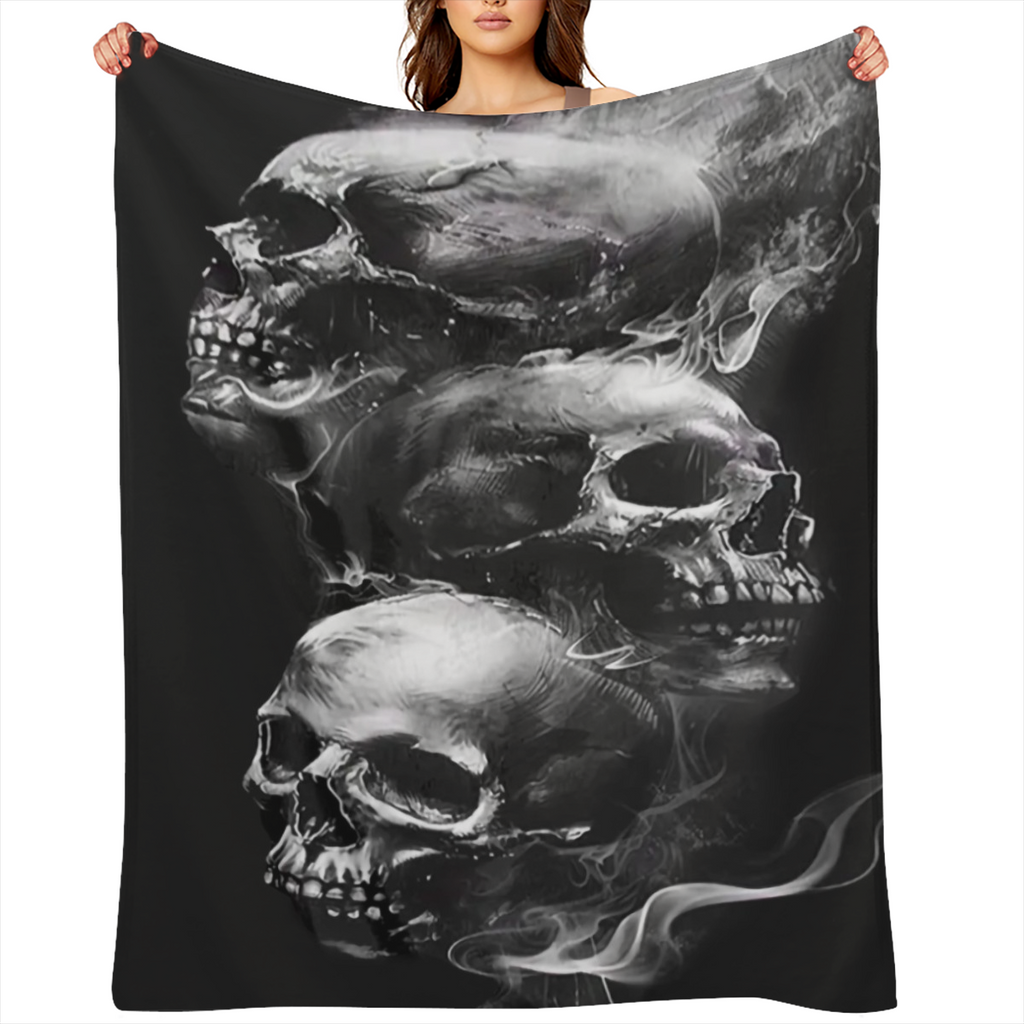 1pc Cozy Flannel Blanket - Soft Bedding for Camping, Sofa, Bed, and Office - Unique Three Ruins Skulls Design, Comfortable, Gift- Worthy, and Suitable for All Seasons
