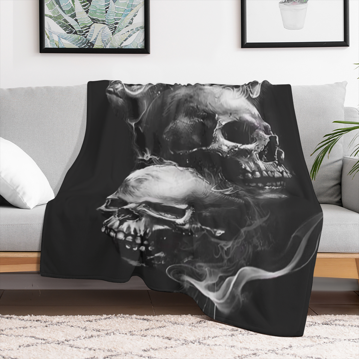 1pc Cozy Flannel Blanket - Soft Bedding for Camping, Sofa, Bed, and Office - Unique Three Ruins Skulls Design, Comfortable, Gift- Worthy, and Suitable for All Seasons