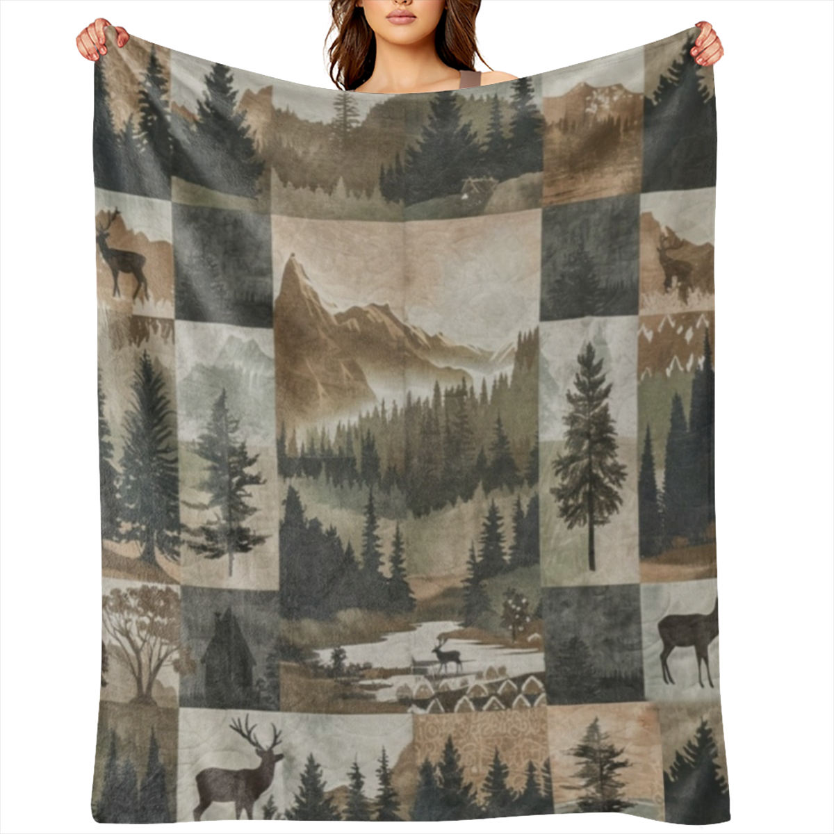 1 blanket, vintage Fall Forest Foothills Elk check print blanket, warm and soft blanket, suitable for sofa bed car office velvet room camping trip, gift blanket for all seasons