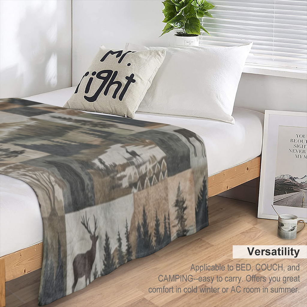1 blanket, vintage Fall Forest Foothills Elk check print blanket, warm and soft blanket, suitable for sofa bed car office velvet room camping trip, gift blanket for all seasons
