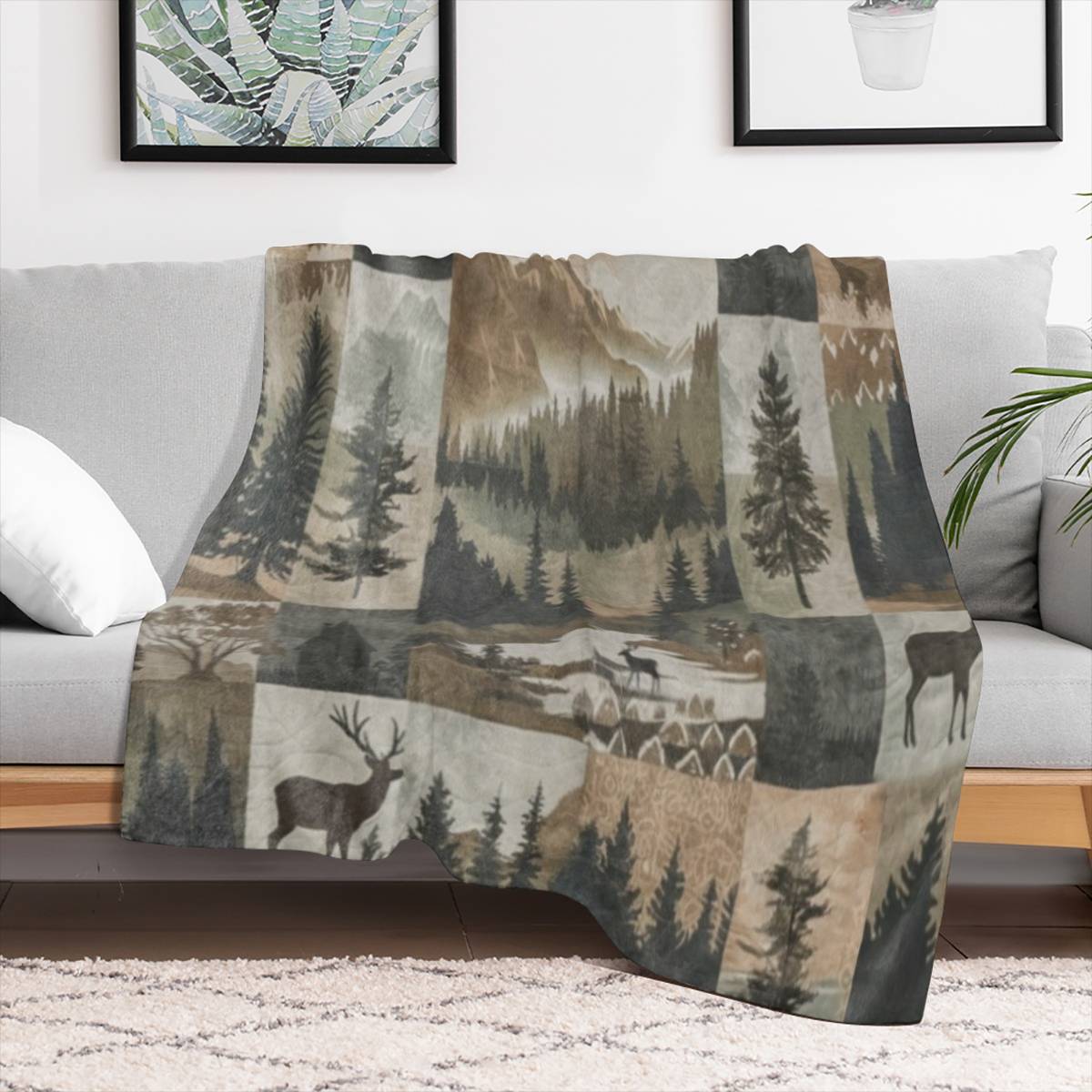1 blanket, vintage Fall Forest Foothills Elk check print blanket, warm and soft blanket, suitable for sofa bed car office velvet room camping trip, gift blanket for all seasons