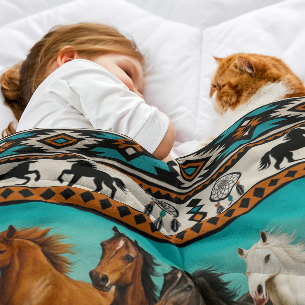 Running Horses Flannel BlanketAll Season, Machine Washable, AntiPilling, Soft Flannel Fabric, for Sofa, Bed, Travel, Office, Couch, Chair, Camping Ideal Gift for Family and Friends