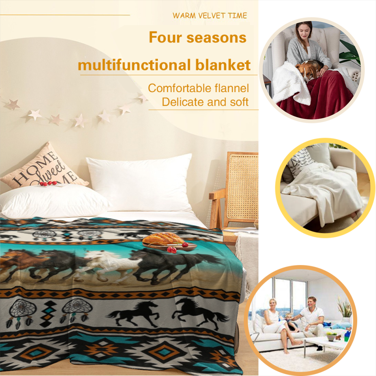 Running Horses Flannel BlanketAll Season, Machine Washable, AntiPilling, Soft Flannel Fabric, for Sofa, Bed, Travel, Office, Couch, Chair, Camping Ideal Gift for Family and Friends