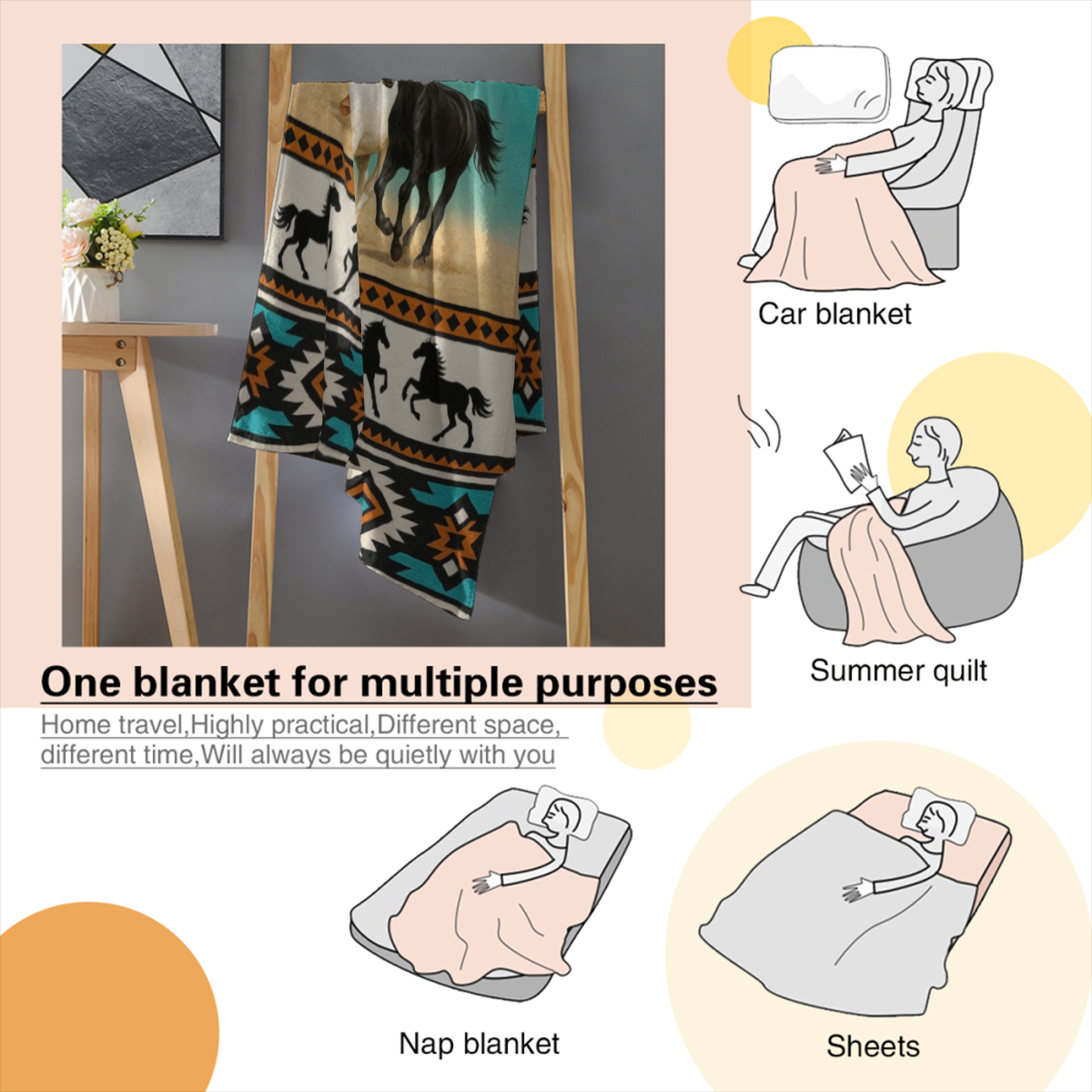 Running Horses Flannel BlanketAll Season, Machine Washable, AntiPilling, Soft Flannel Fabric, for Sofa, Bed, Travel, Office, Couch, Chair, Camping Ideal Gift for Family and Friends