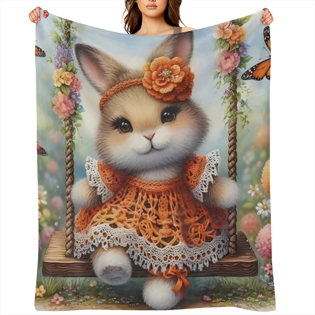 1pc Charming Bunny in Dress Swing Print Flannel Blanket - Soft, Warm & Cozy 100 Polyester, Hypoallergenic, Machine Washable Ideal for Sofa, Bed, Car, Camping & Office Decor All-Season Multipurpose Gif