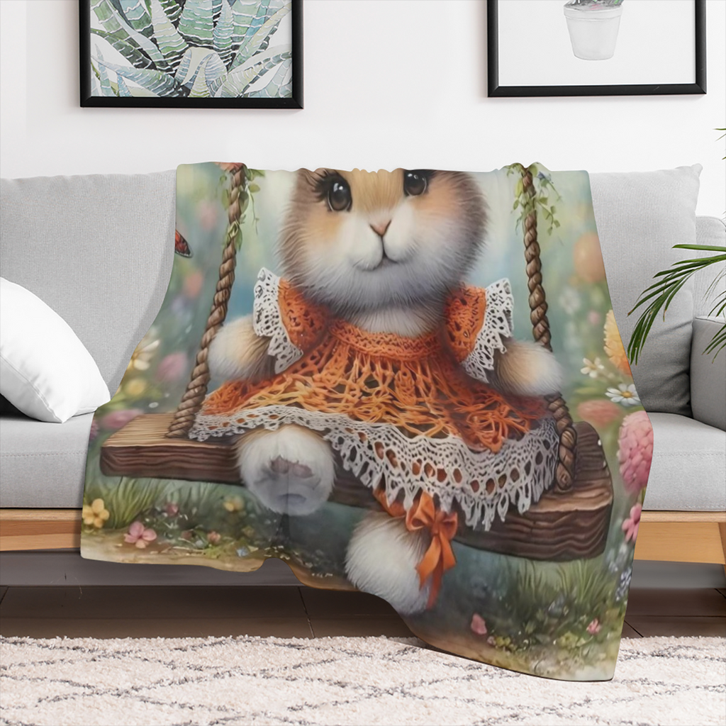 1pc Charming Bunny in Dress Swing Print Flannel Blanket - Soft, Warm & Cozy 100 Polyester, Hypoallergenic, Machine Washable Ideal for Sofa, Bed, Car, Camping & Office Decor All-Season Multipurpose Gif