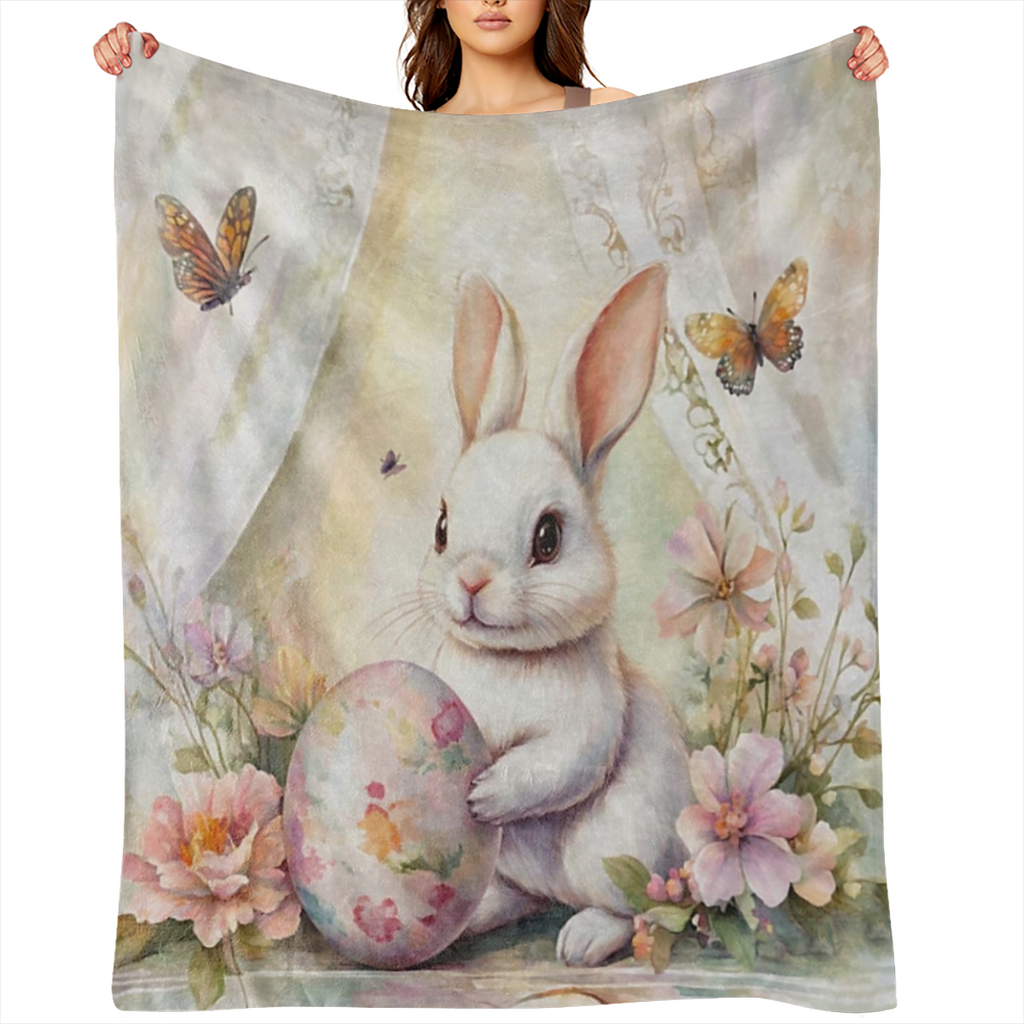 1 Vintage Easter Bunny and floral print Flannel blanket - soft and comfortable all season blanket for sofas, beds, offices, camping, travel - 100 polyester knit fabric, sm - ideal gift for any occasio