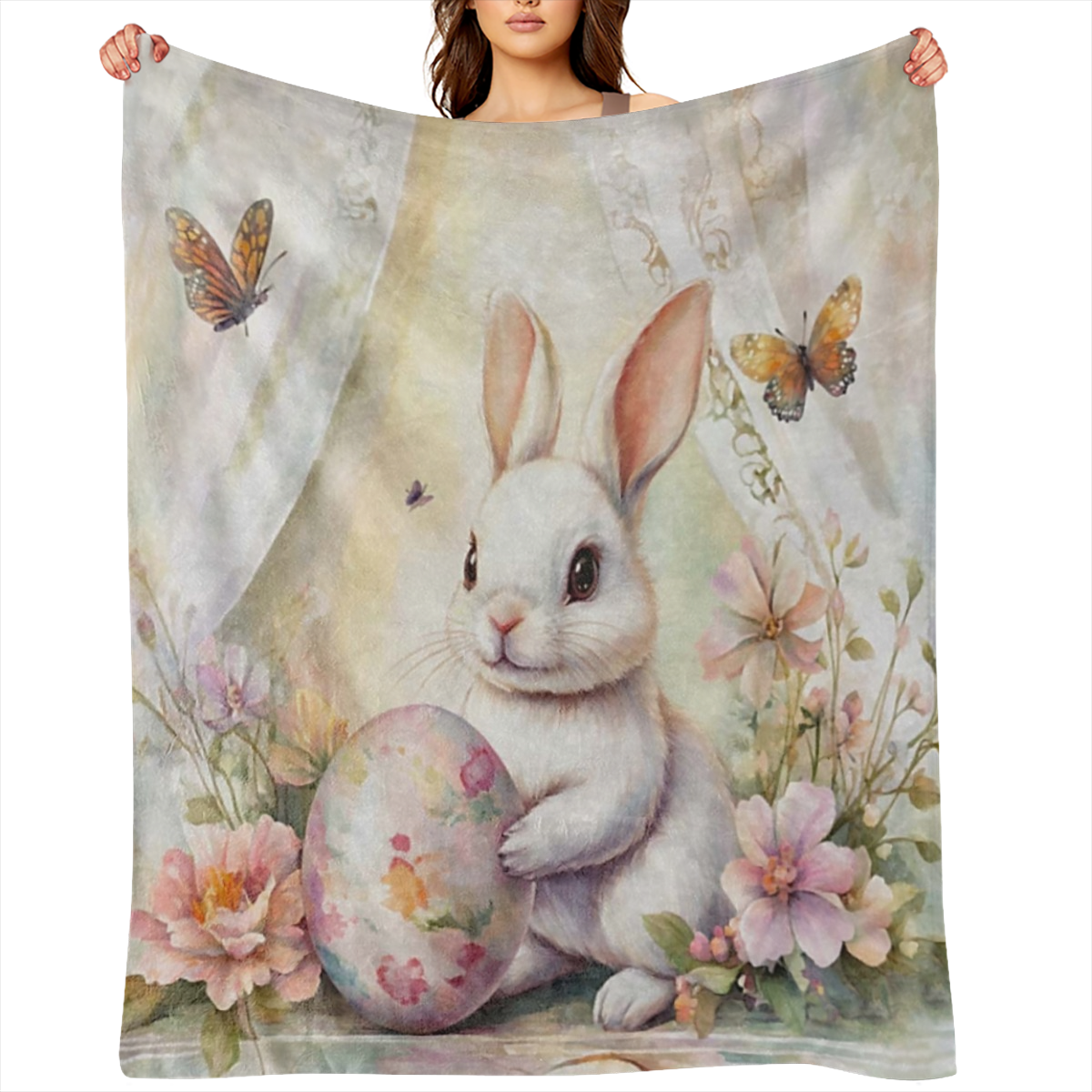 1 Vintage Easter Bunny and floral print Flannel blanket - soft and comfortable all season blanket for sofas, beds, offices, camping, travel - 100 polyester knit fabric, sm - ideal gift for any occasio