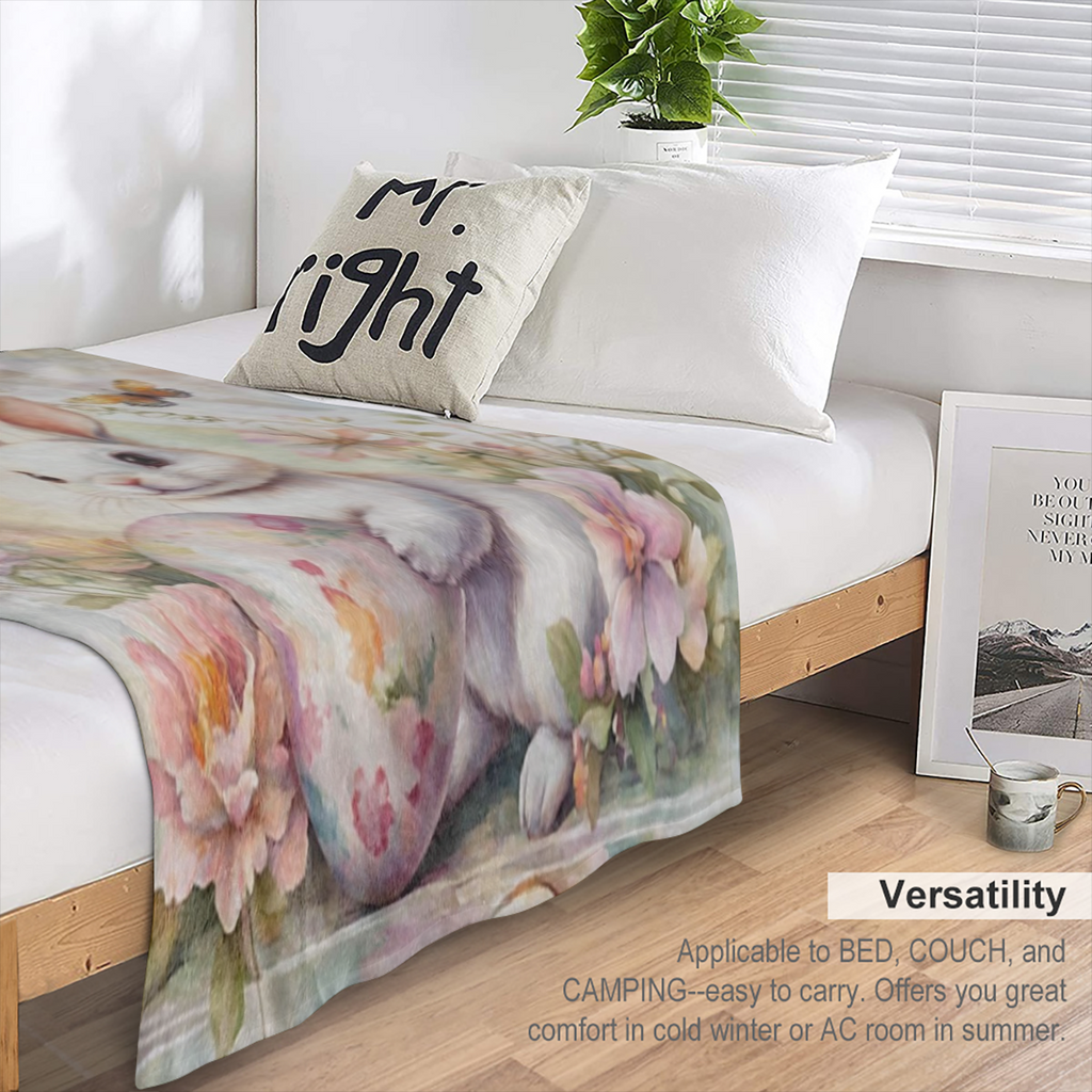 1 Vintage Easter Bunny and floral print Flannel blanket - soft and comfortable all season blanket for sofas, beds, offices, camping, travel - 100 polyester knit fabric, sm - ideal gift for any occasio
