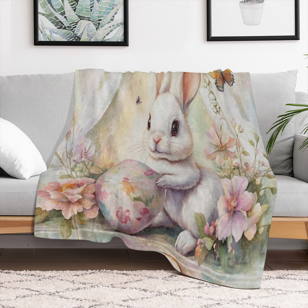1 Vintage Easter Bunny and floral print Flannel blanket - soft and comfortable all season blanket for sofas, beds, offices, camping, travel - 100 polyester knit fabric, sm - ideal gift for any occasio