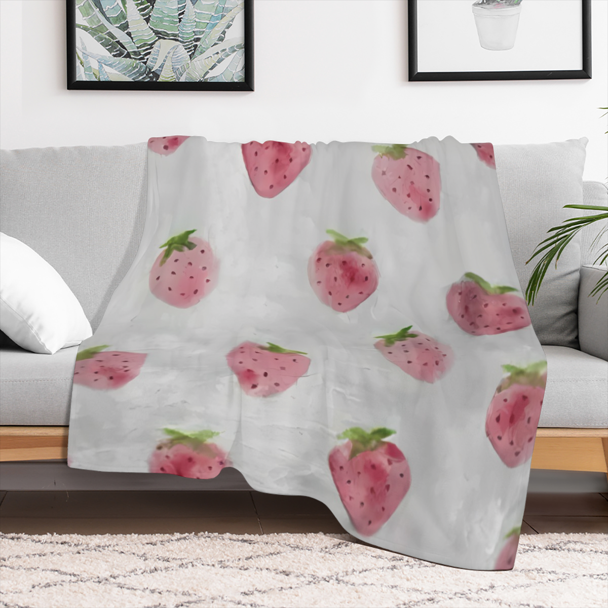 Sweet Strawberry Style Ultra-Soft Microfiber Blanket with Fresh Strawberry Pattern, Lightweight & Cozy, Perfect for Sofa, Bed or Chair, All-Season Use, Modern Design with Vibrant Pink Strawberries on