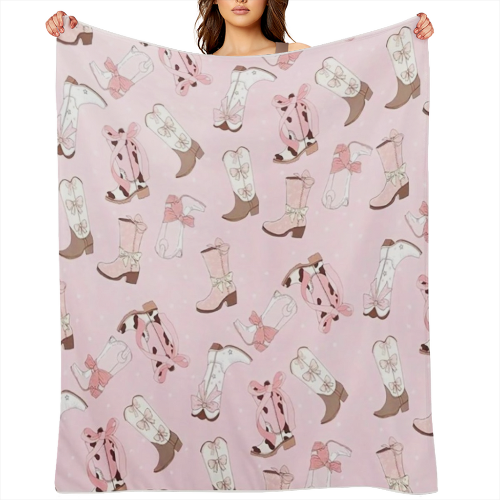 Cozy Cowgirl Fleece Blanket with Pink Background Soft Plush Throw for Youngsters, Teens & Women Country- Themed Design Featuring Cowboy Hats, Boots & Cacti Perfect for Sofa, Couch & Bed Decor