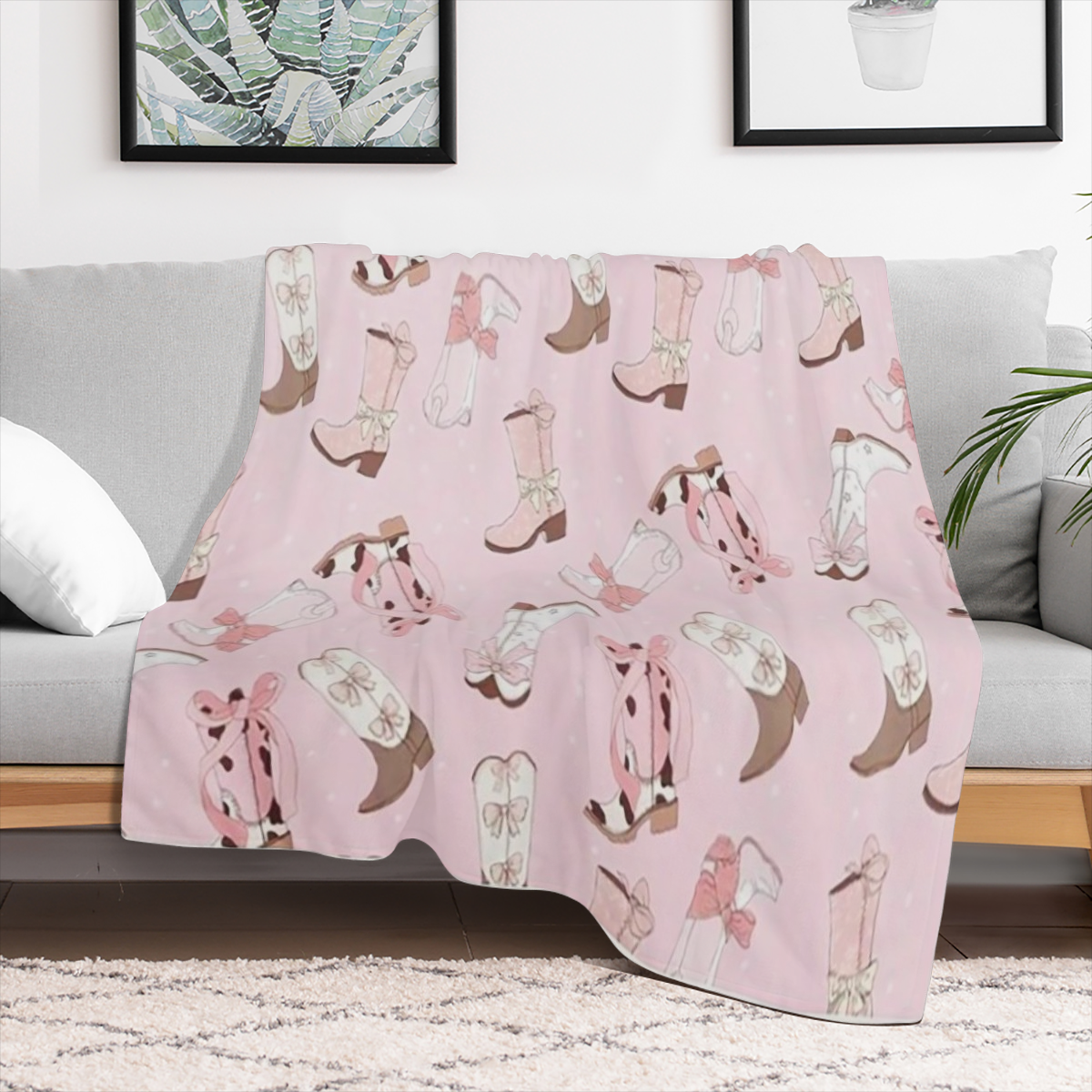 Cozy Cowgirl Fleece Blanket with Pink Background Soft Plush Throw for Youngsters, Teens & Women Country- Themed Design Featuring Cowboy Hats, Boots & Cacti Perfect for Sofa, Couch & Bed Decor