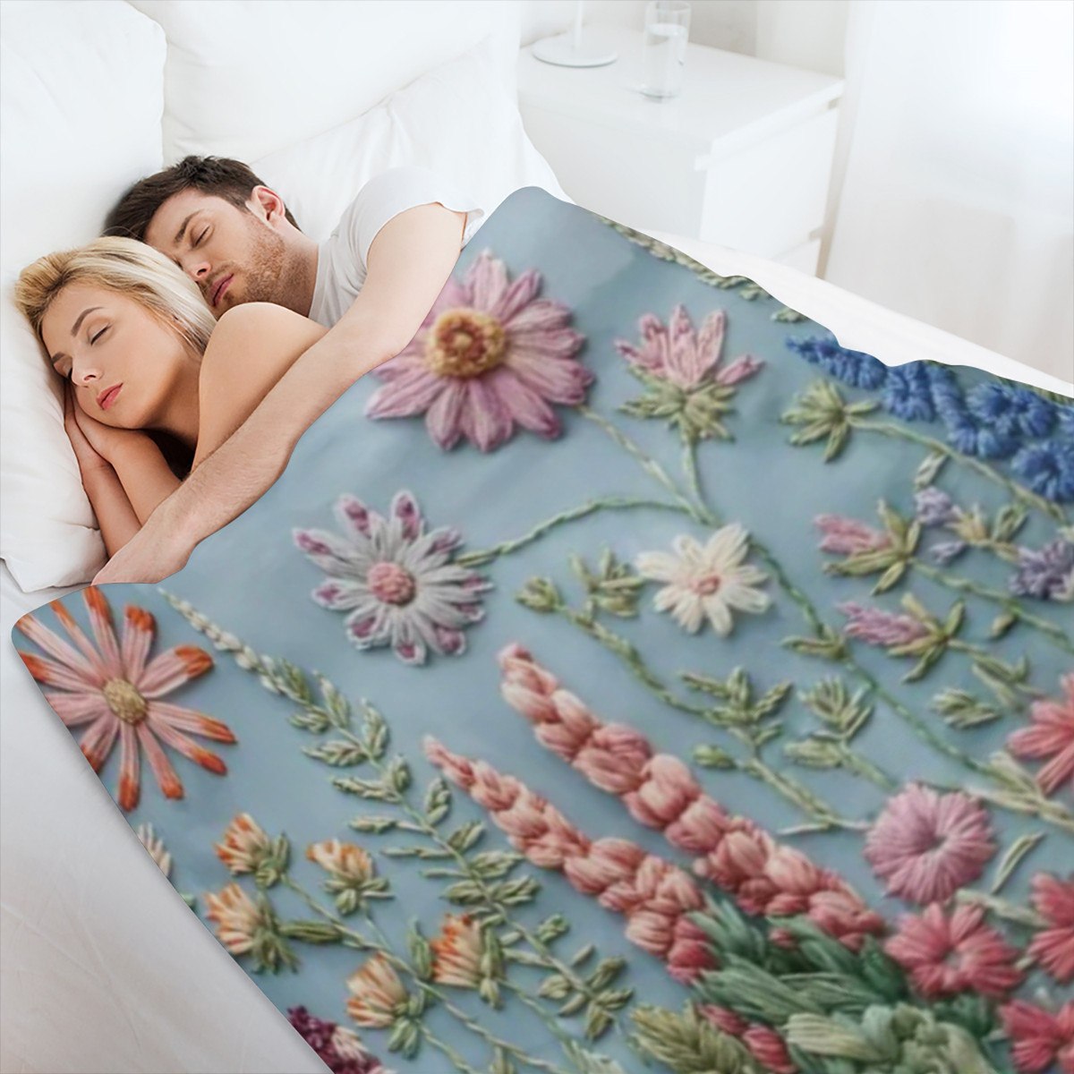 Cozy embroidered floral flannel blanket - perfect for naps, camping and home decor for friends, family and loved ones