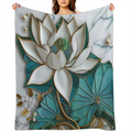 Blooming for Lotus Print Marble Throw Blanket - Ultra- Soft Flannel, 280GSM, Elegant White & Teal Design for Couch, Sofa, Bed, or Office, Versatile All- Season Gift