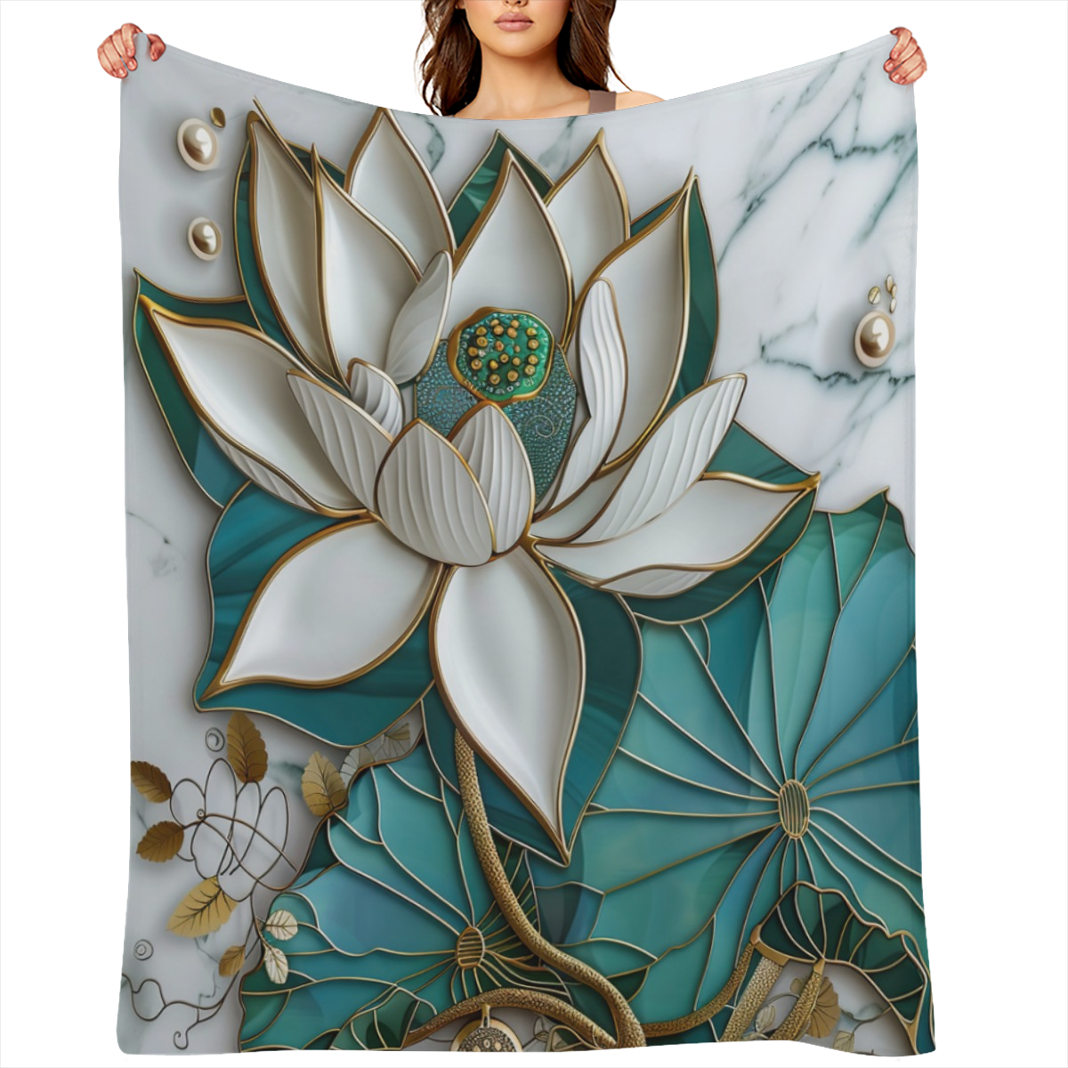 Blooming for Lotus Print Marble Throw Blanket - Ultra- Soft Flannel, 280GSM, Elegant White & Teal Design for Couch, Sofa, Bed, or Office, Versatile All- Season Gift