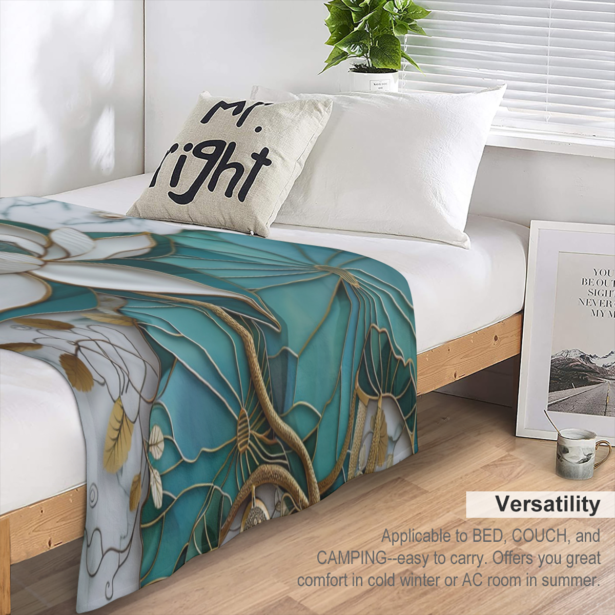 Blooming for Lotus Print Marble Throw Blanket - Ultra- Soft Flannel, 280GSM, Elegant White & Teal Design for Couch, Sofa, Bed, or Office, Versatile All- Season Gift