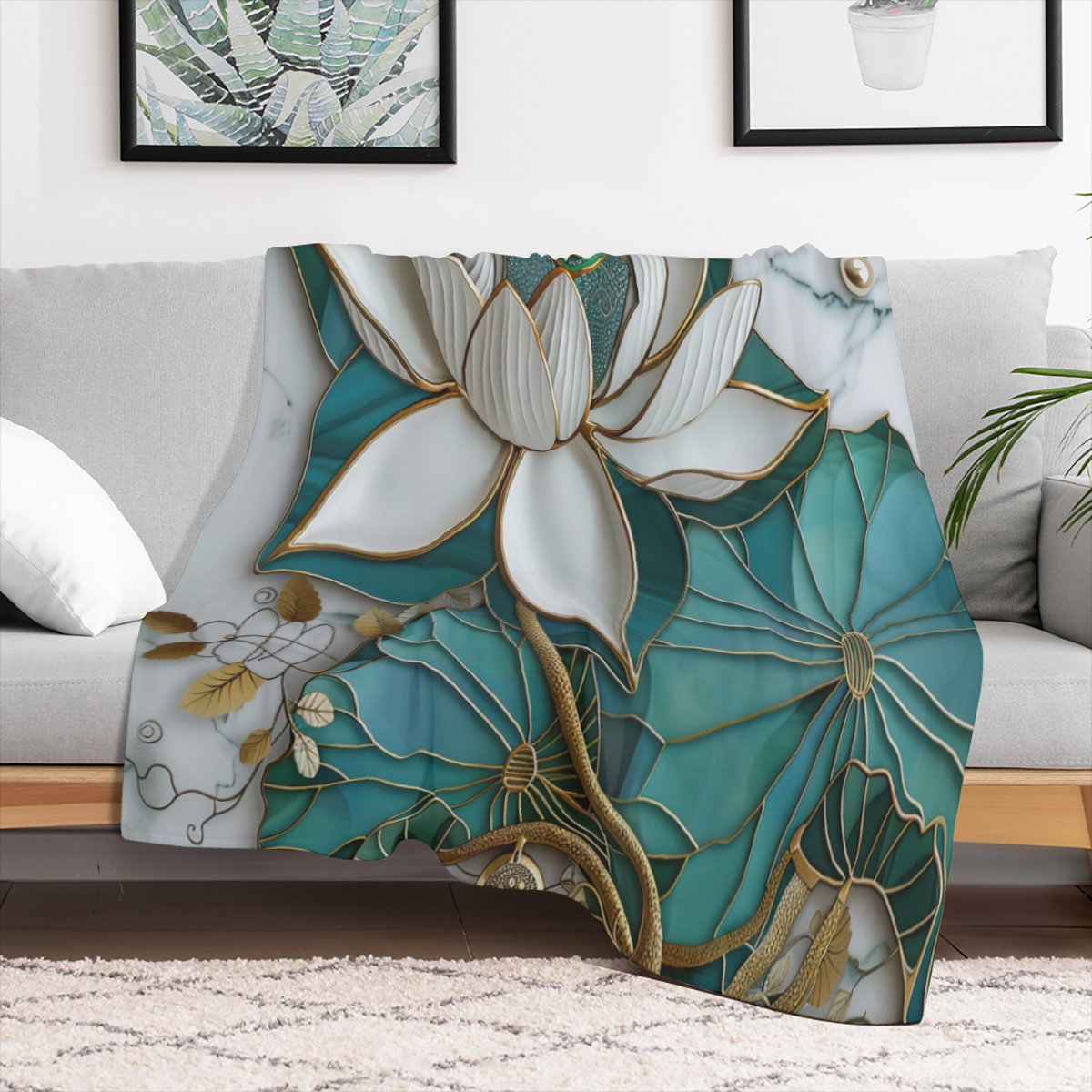 Blooming for Lotus Print Marble Throw Blanket - Ultra- Soft Flannel, 280GSM, Elegant White & Teal Design for Couch, Sofa, Bed, or Office, Versatile All- Season Gift