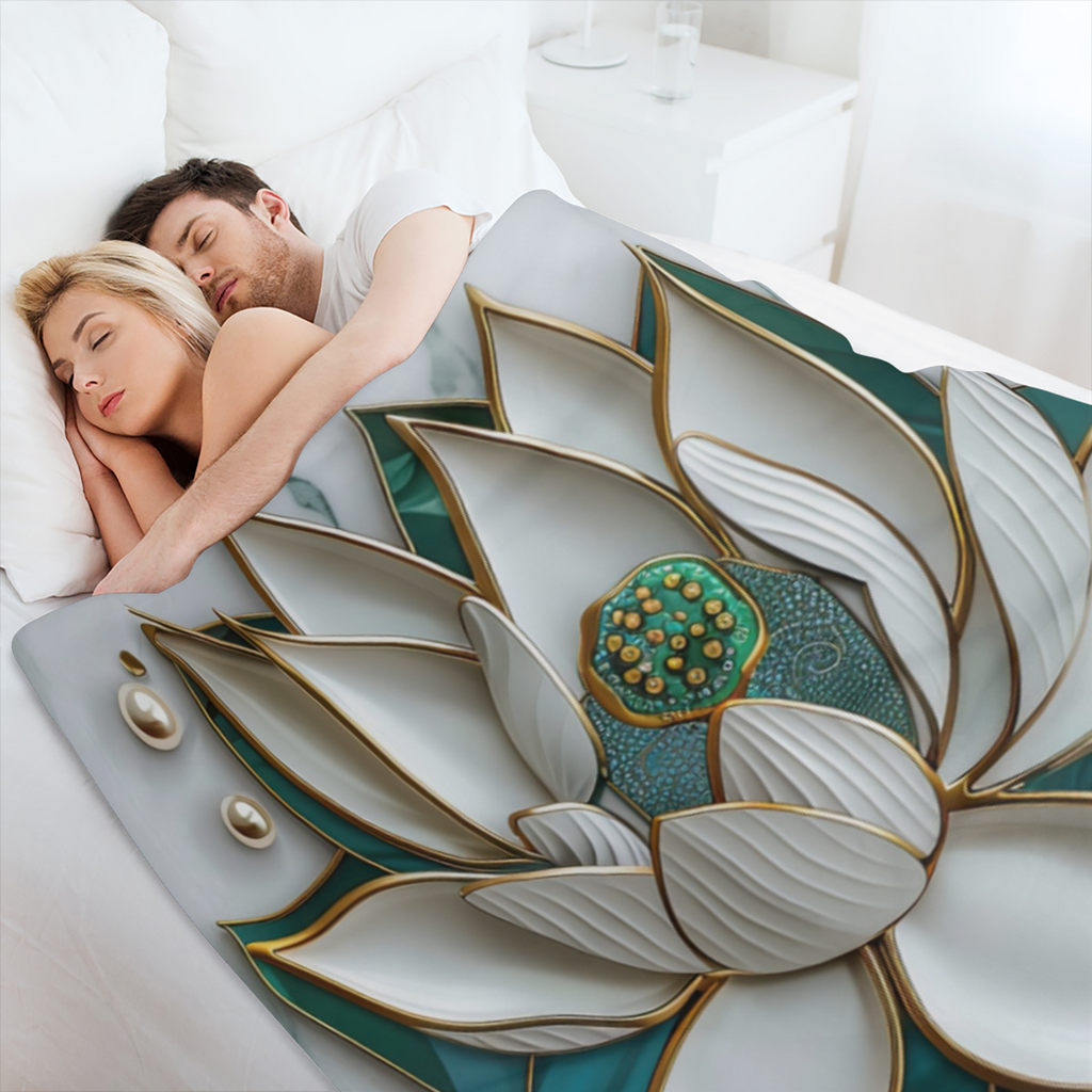 Blooming for Lotus Print Marble Throw Blanket - Ultra- Soft Flannel, 280GSM, Elegant White & Teal Design for Couch, Sofa, Bed, or Office, Versatile All- Season Gift