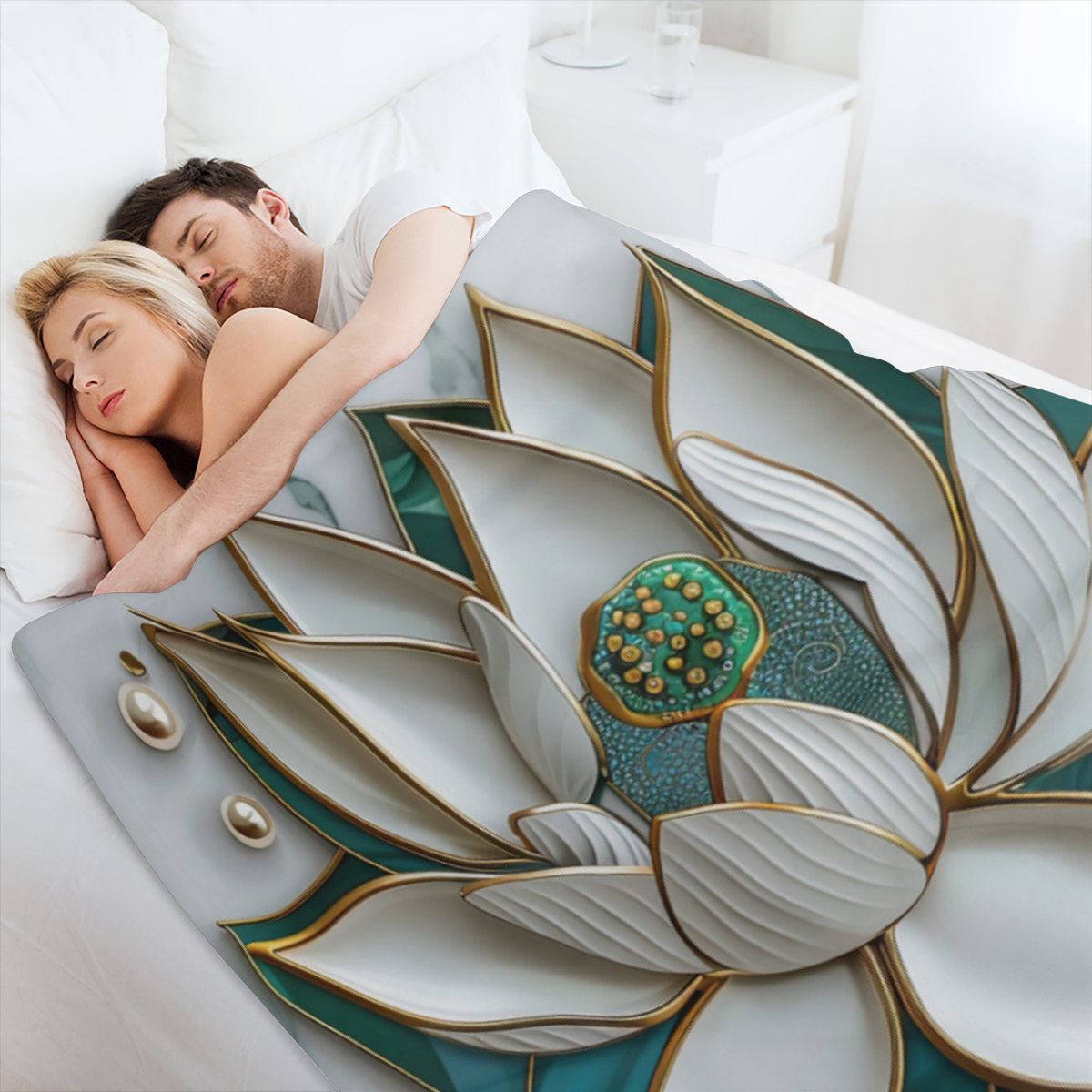 Blooming for Lotus Print Marble Throw Blanket - Ultra- Soft Flannel, 280GSM, Elegant White & Teal Design for Couch, Sofa, Bed, or Office, Versatile All- Season Gift