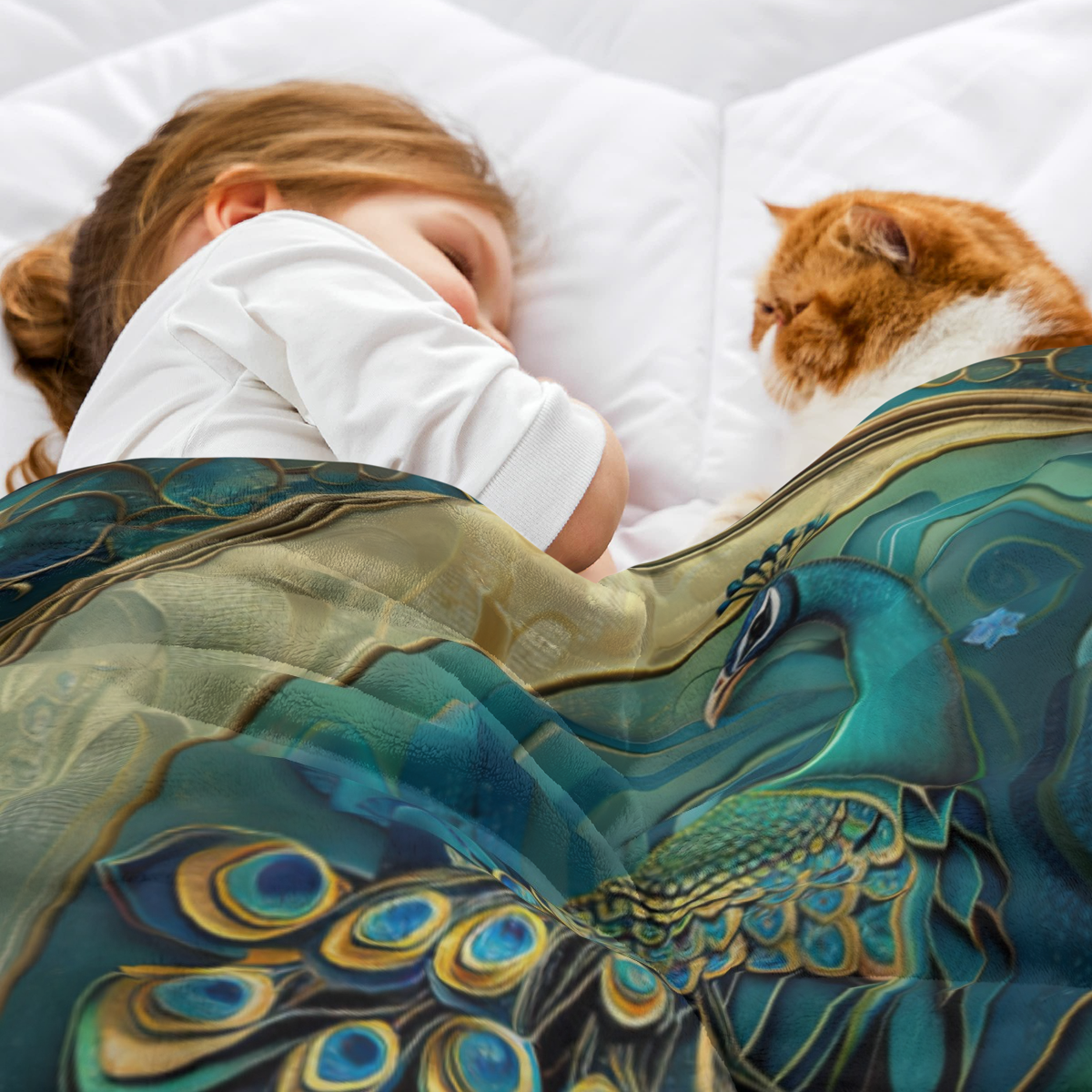 Marble Peacock Soft Warm Cozy Blanket, Blue Abstract Bird Beautiful Animal Throw Blankets for Boys Girls Fuzzy Plush Blanket Fleece Lightweight Flannel for Bed Couch Sofa-280GSM