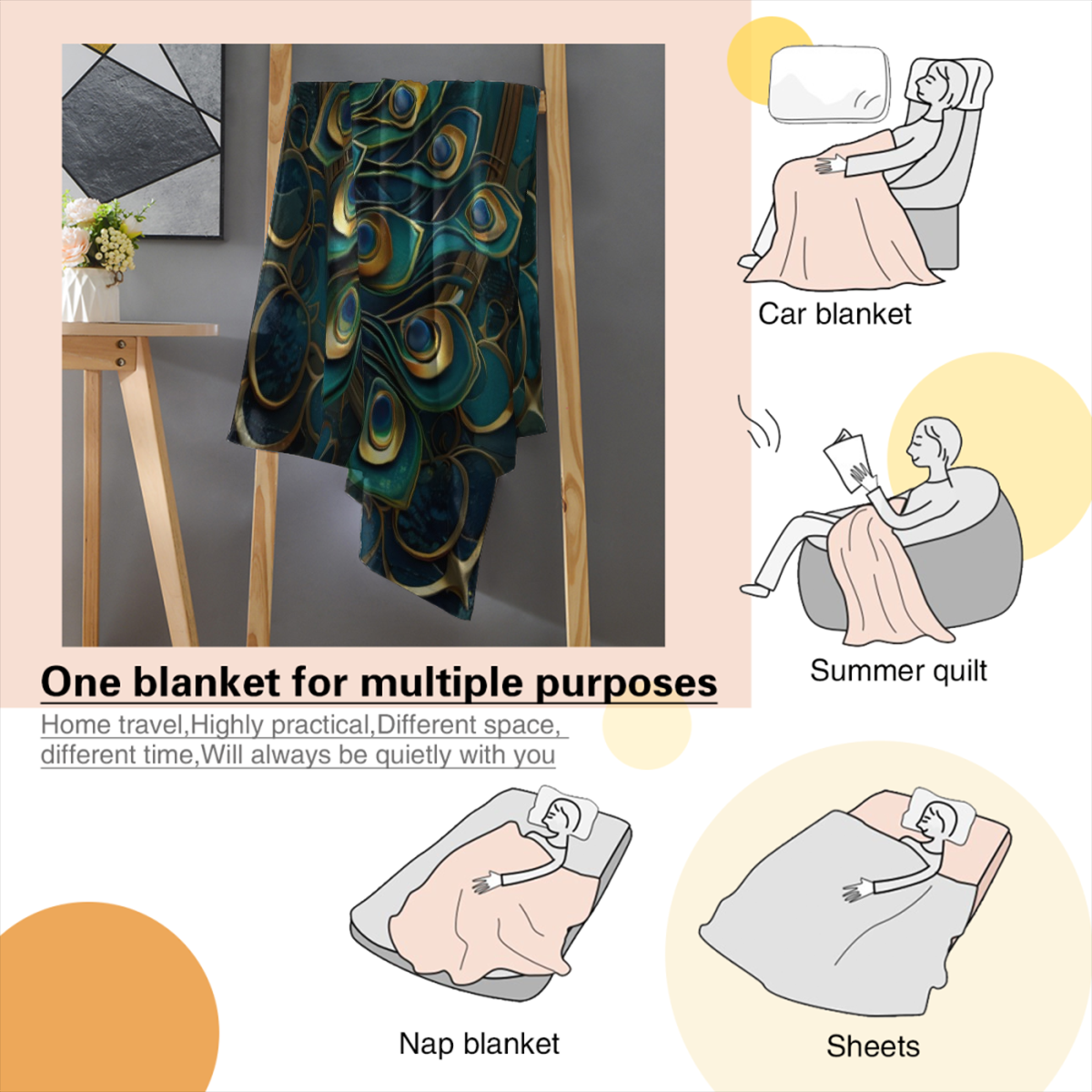 Marble Peacock Soft Warm Cozy Blanket, Blue Abstract Bird Beautiful Animal Throw Blankets for Boys Girls Fuzzy Plush Blanket Fleece Lightweight Flannel for Bed Couch Sofa-280GSM