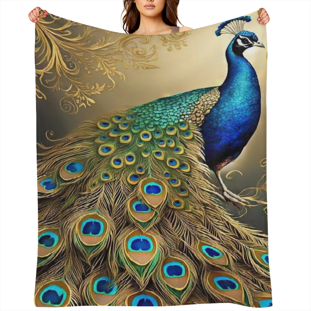 1 golden peacock print blanket, soft and comfortable travel blanket, sofa bed nap blanket, office home decor, birthday and holiday gift, available all year round