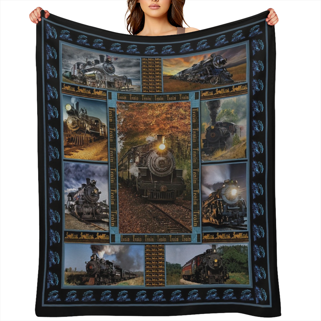Vintage Train Print Flannel Throw Blanket Soft Warm Cozy for Couch Office Bed Camping Travel All-Season Gift with Classic Railroad Design Decorative Border