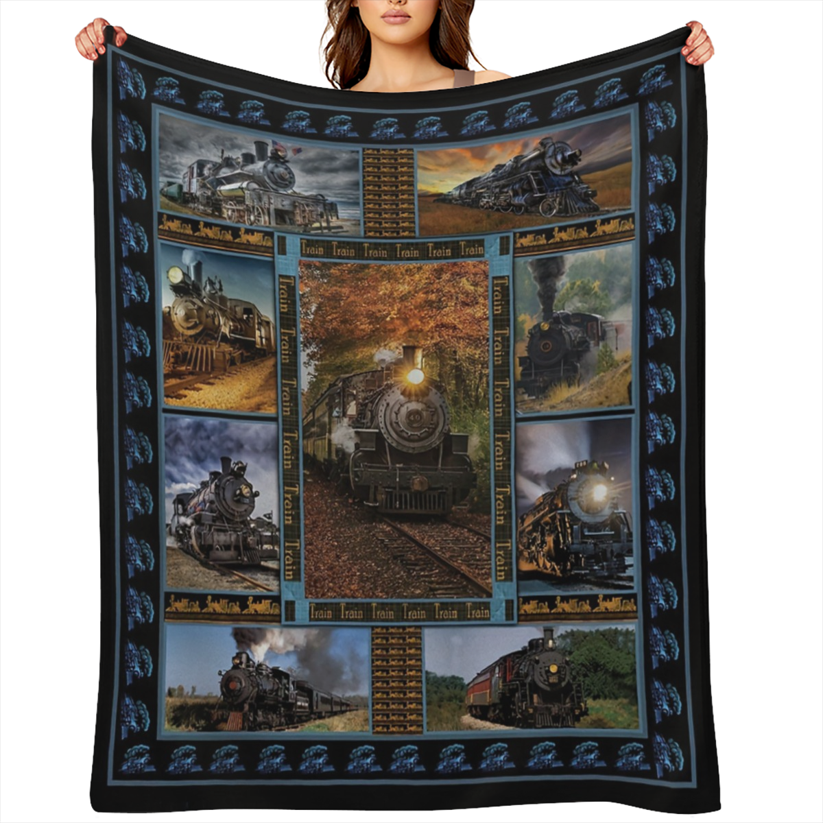 Vintage Train Print Flannel Throw Blanket Soft Warm Cozy for Couch Office Bed Camping Travel All-Season Gift with Classic Railroad Design Decorative Border