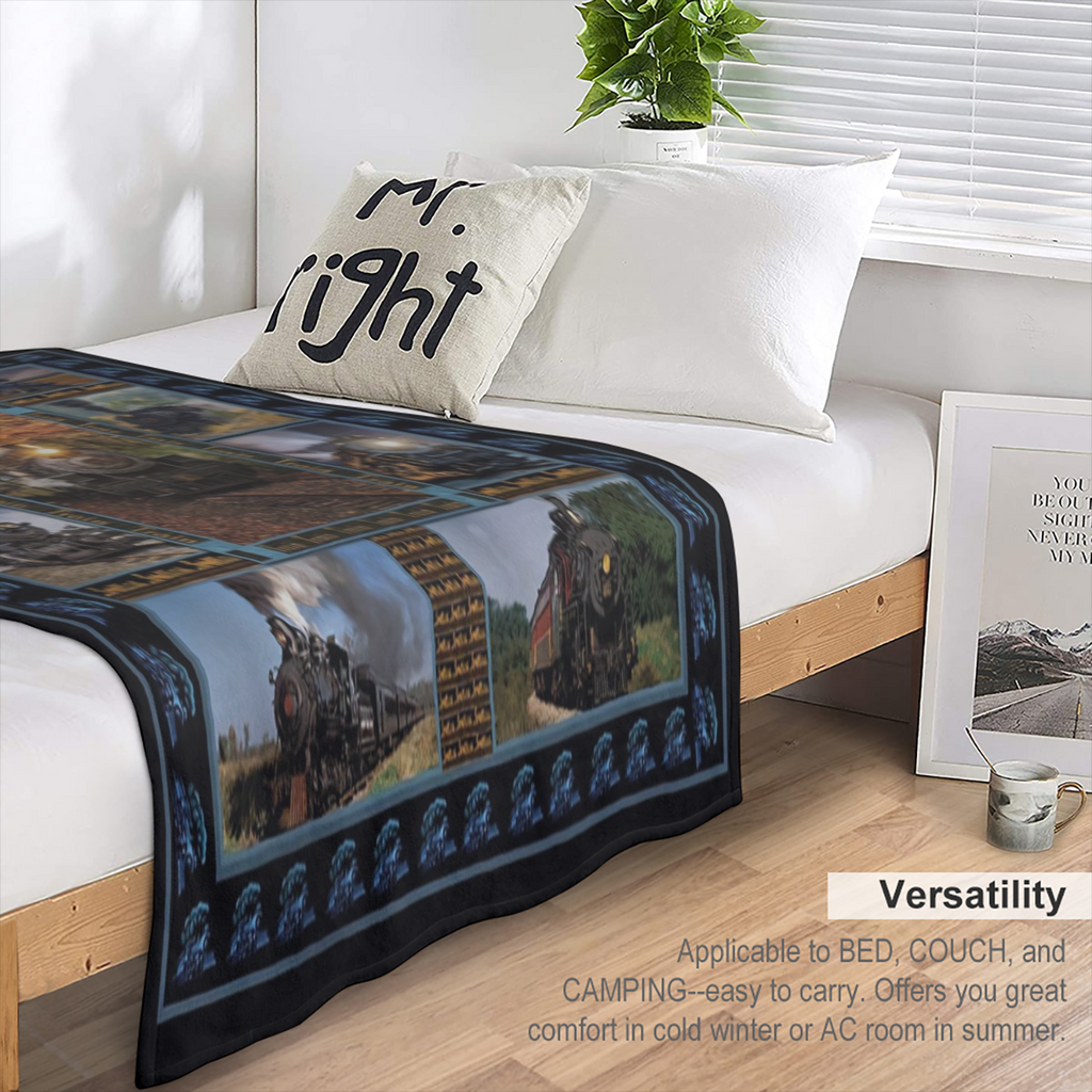 Vintage Train Print Flannel Throw Blanket Soft Warm Cozy for Couch Office Bed Camping Travel All-Season Gift with Classic Railroad Design Decorative Border