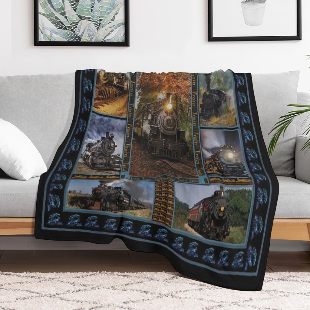 Vintage Train Print Flannel Throw Blanket Soft Warm Cozy for Couch Office Bed Camping Travel All-Season Gift with Classic Railroad Design Decorative Border