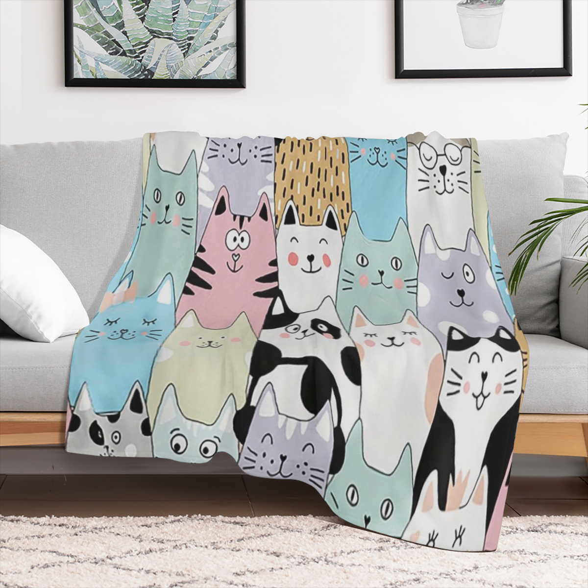 1pc Cute Cartoon Cat Print Blanket, Flannel Blanket, Soft Warm Throw Blanket Nap Blanket For Couch Sofa Office Bed Camping Travel, Multi- purpose Gift Blanket For All Season