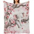 Cozy vintage peach blossom and elephant print flannel shawl blanket - soft and warm for sofas, beds, cars, offices, camping and travel - the perfect gift for all seasons