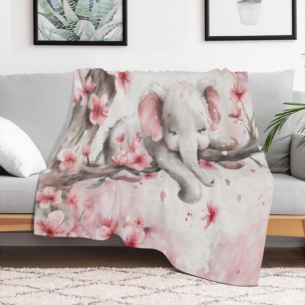 Cozy vintage peach blossom and elephant print flannel shawl blanket - soft and warm for sofas, beds, cars, offices, camping and travel - the perfect gift for all seasons