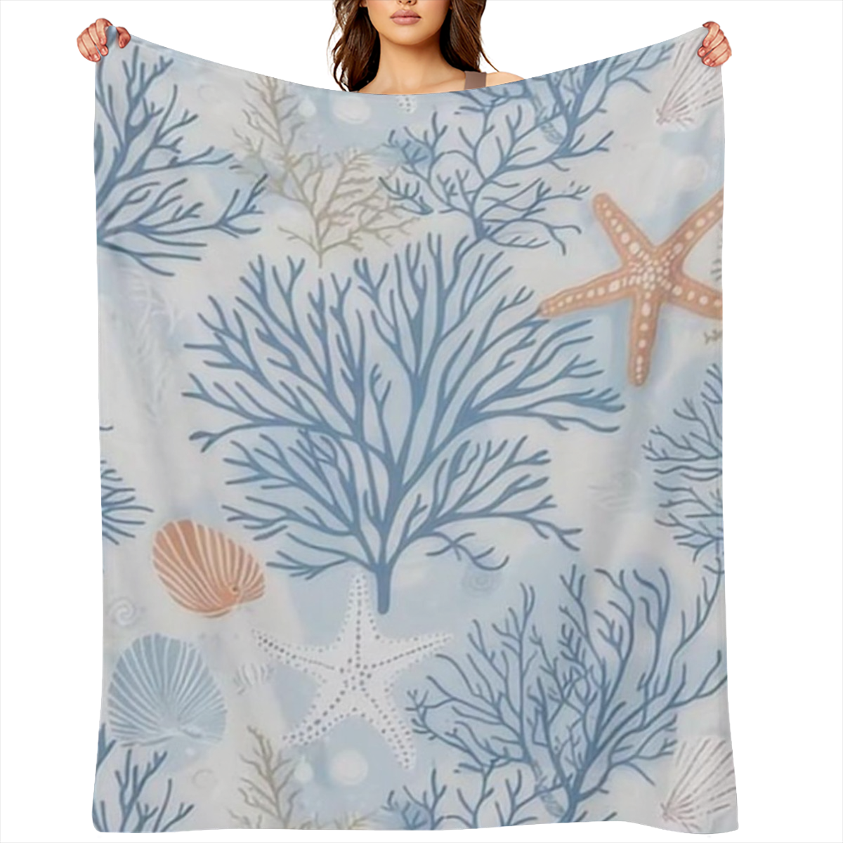 Coast style blanket, 100 polyester, starfish and shell pattern, soft warm and comfortable beach blanket, suitable for sofa, bed, living room, four seasons, 250- 300gm2, modern style