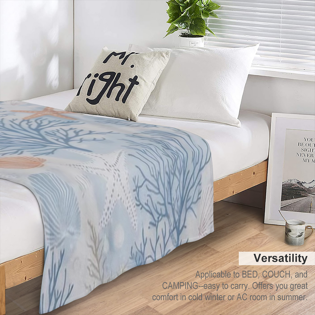 Coast style blanket, 100 polyester, starfish and shell pattern, soft warm and comfortable beach blanket, suitable for sofa, bed, living room, four seasons, 250- 300gm2, modern style