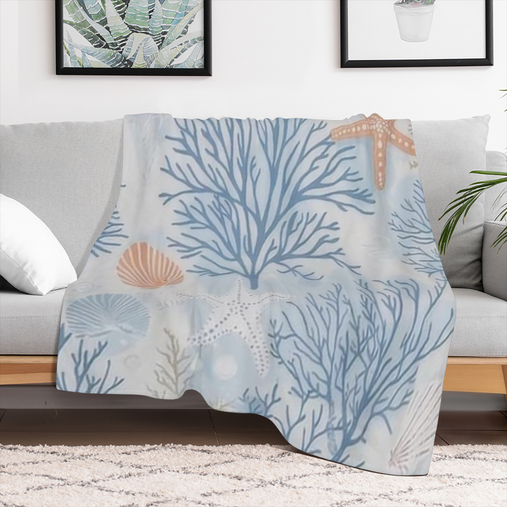 Coast style blanket, 100 polyester, starfish and shell pattern, soft warm and comfortable beach blanket, suitable for sofa, bed, living room, four seasons, 250- 300gm2, modern style