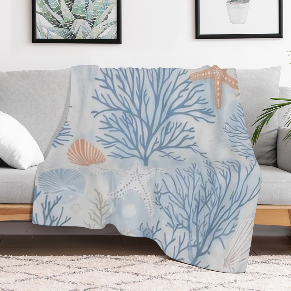 Coast style blanket, 100 polyester, starfish and shell pattern, soft warm and comfortable beach blanket, suitable for sofa, bed, living room, four seasons, 250- 300gm2, modern style