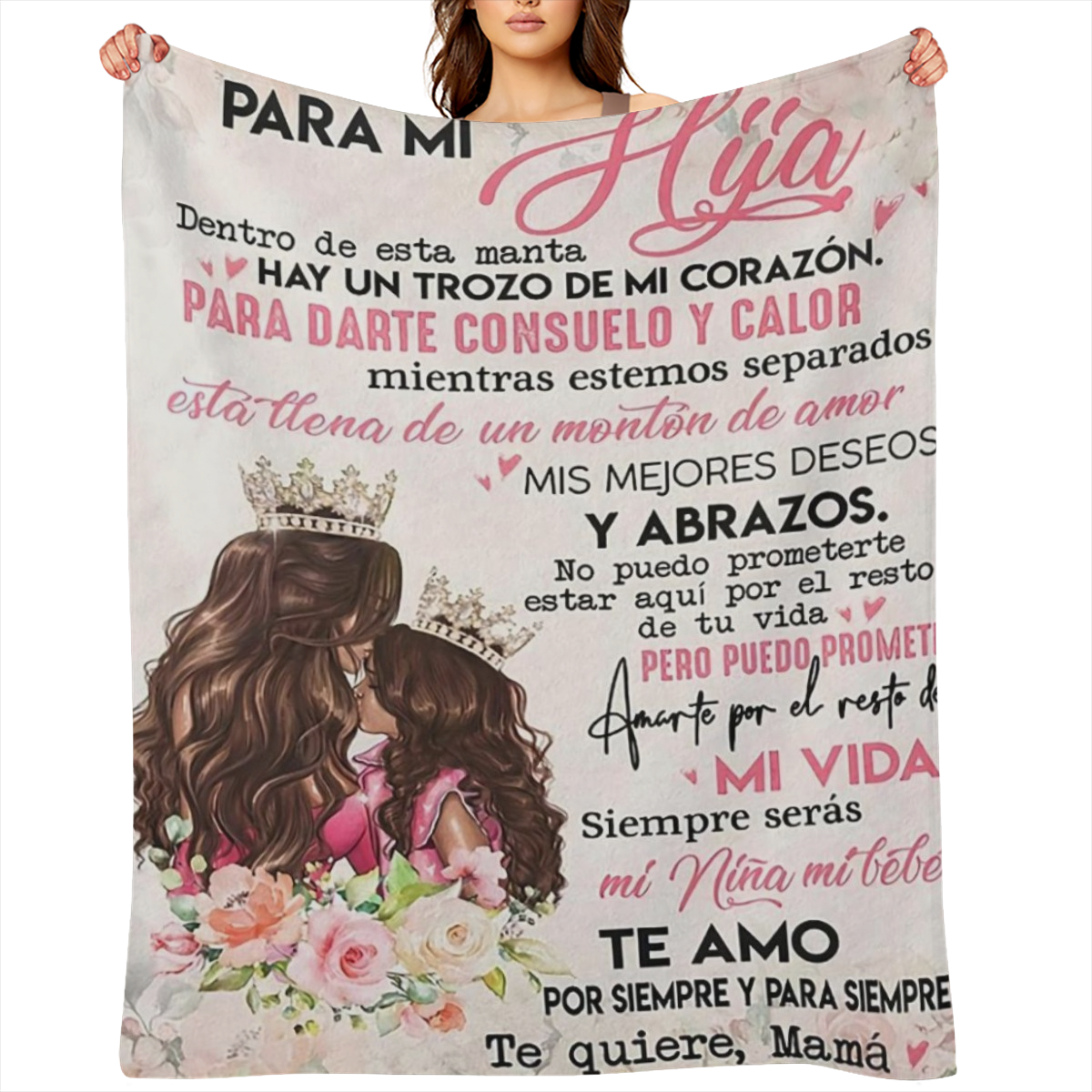 1pc Fleece Blanket for Daughter - ' Te Quiero Mama' Cozy Woven Throw with Floral Design, Spanish & English Text Perfect Gift for All Seasons, Camping, or Home Use, Blanket