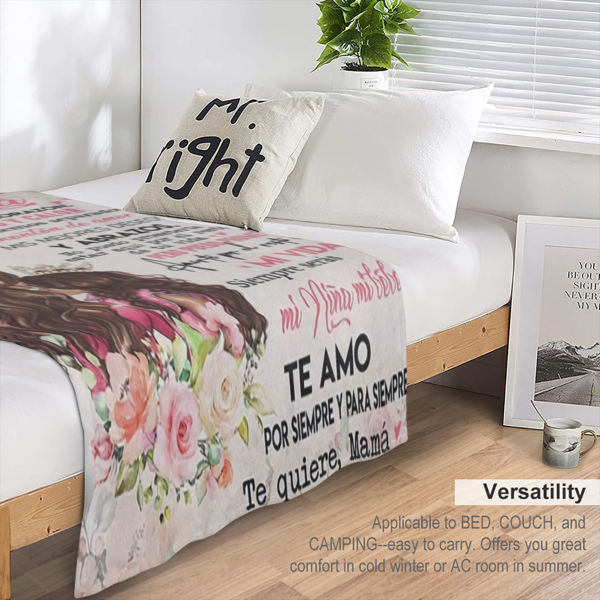 1pc Fleece Blanket for Daughter - ' Te Quiero Mama' Cozy Woven Throw with Floral Design, Spanish & English Text Perfect Gift for All Seasons, Camping, or Home Use, Blanket