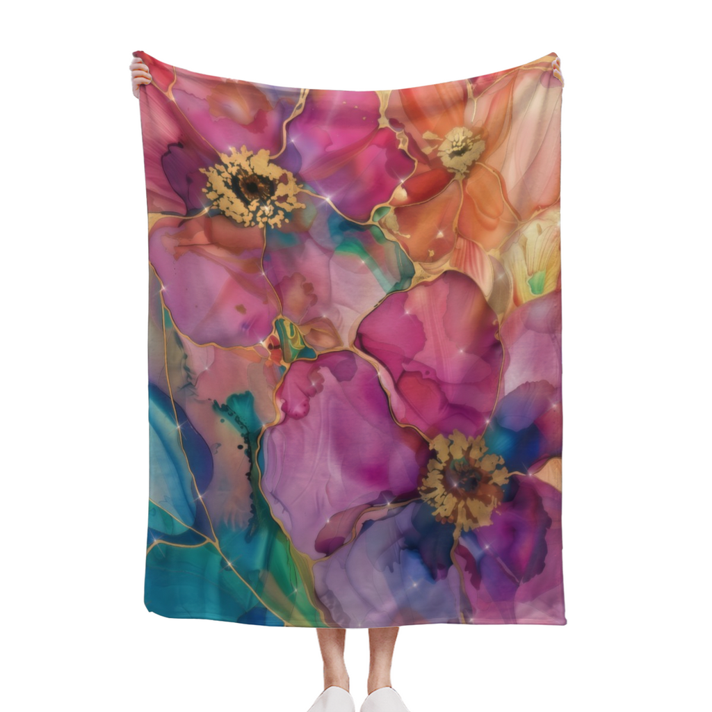 Alcohol Ink Floral Throw Blanket, Vibrant Magenta Purple Gold Flower Art Cozy Soft Flannel Blanket, Boho Abstract Home Decor`
