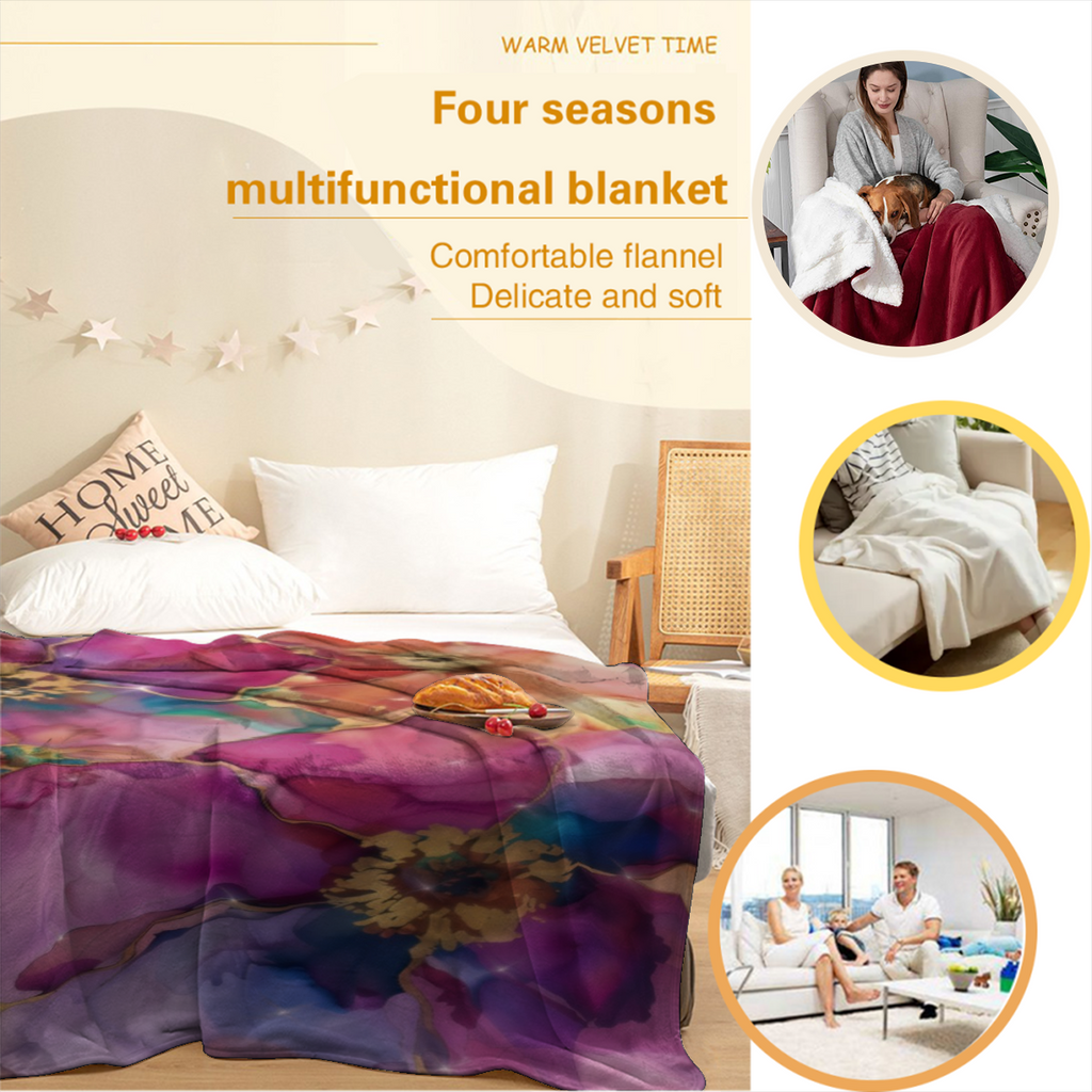 Alcohol Ink Floral Throw Blanket, Vibrant Magenta Purple Gold Flower Art Cozy Soft Flannel Blanket, Boho Abstract Home Decor`