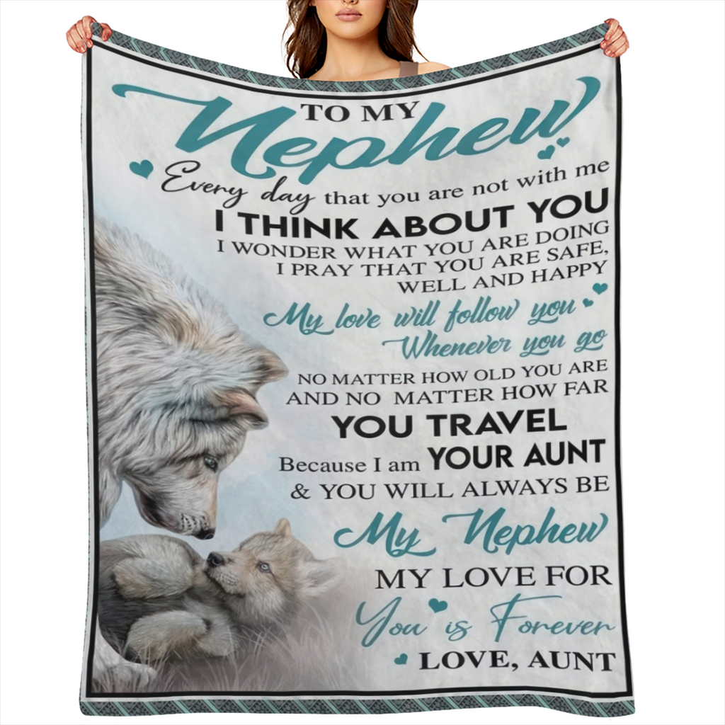 To my nephew. . . Letter Print Flannel Blanket - Digital Printing, All- season Multipurpose Sports Style Knit Bedding - Soft and Lightweight Gift for Sofa, Travel, Camping, Lunch Break, Home