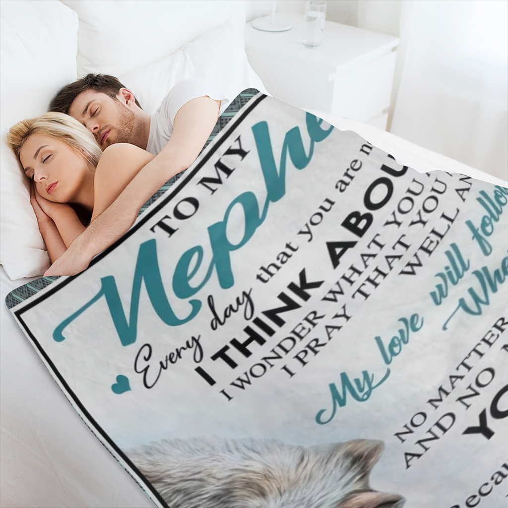 To my nephew. . . Letter Print Flannel Blanket - Digital Printing, All- season Multipurpose Sports Style Knit Bedding - Soft and Lightweight Gift for Sofa, Travel, Camping, Lunch Break, Home